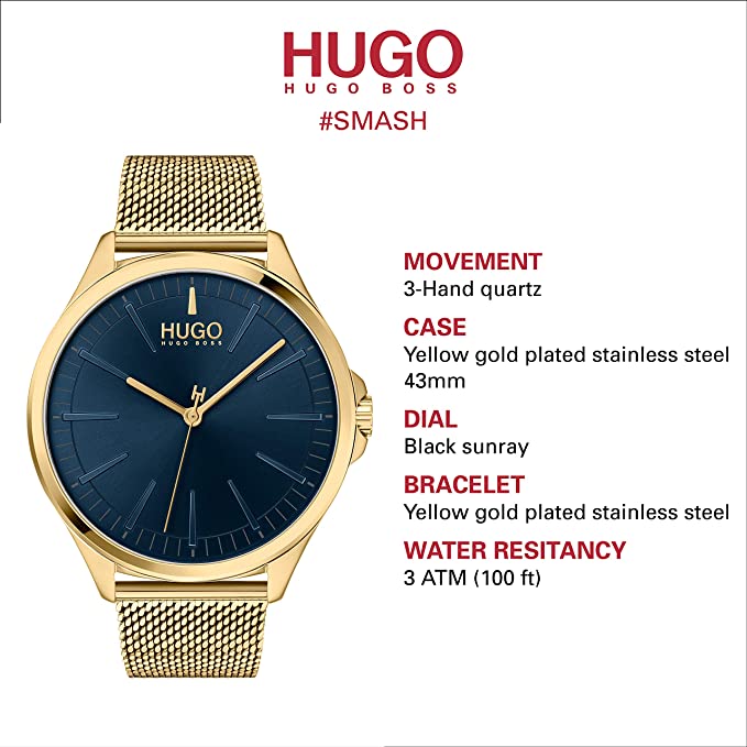HUGO by Hugo Boss #Smash Men's Quartz Gold Plated Case and Mesh Bracelet Casual Watch, Color: (Model: 1530178) - 3alababak