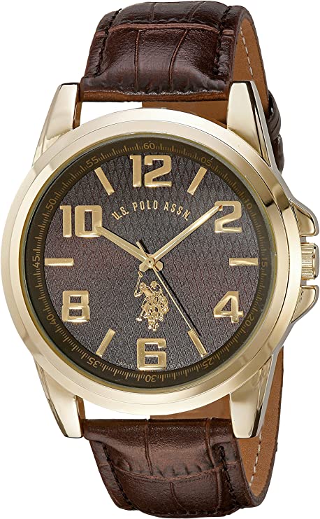 U.S. Polo Assn. Classic Men's USC50167 Analog Display Gold-Tone Watch With Brown Band - 3alababak