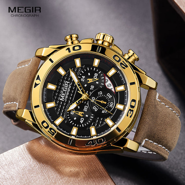 MEGIR Men's Business Analogue Chronograph Luminous Auto Calendar Quartz Wrist Watch 2094 Gold