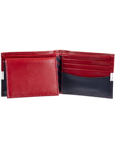 Tommy Hilfiger Men's 31TL220053 Leather Wallet Slim Bifold with 6 Credit Card Pockets & Removable ID Window, Red/Navy - 3alababak