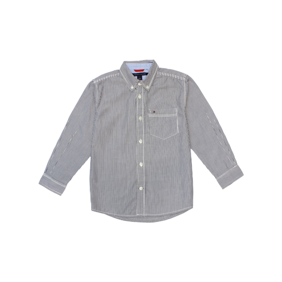 Tommy Hilfiger Boys Long Sleeve Woven Shirt, 100% Cotton, Collared Button-Down with Embroidered Logo - 3alababak